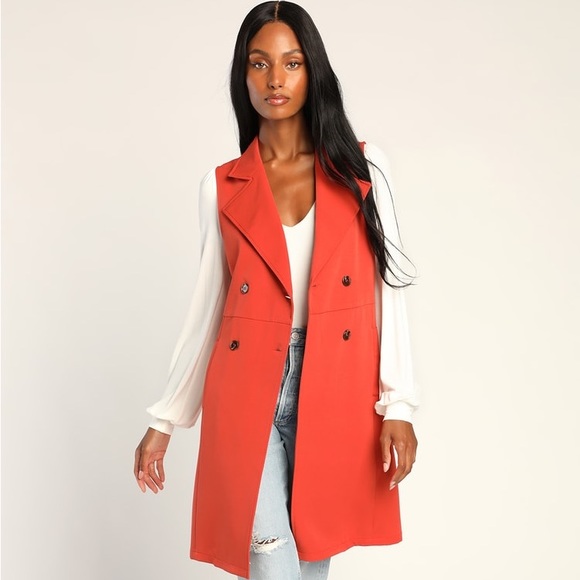 Lulus Jackets & Blazers - NEW Rust Orange Sleeveless Collared Trench Coat